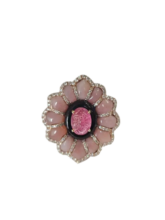 18k Yellow Gold Diamond Ring - Natural Tourmaline, Pink Opal & Black Onyx Cocktail Ring