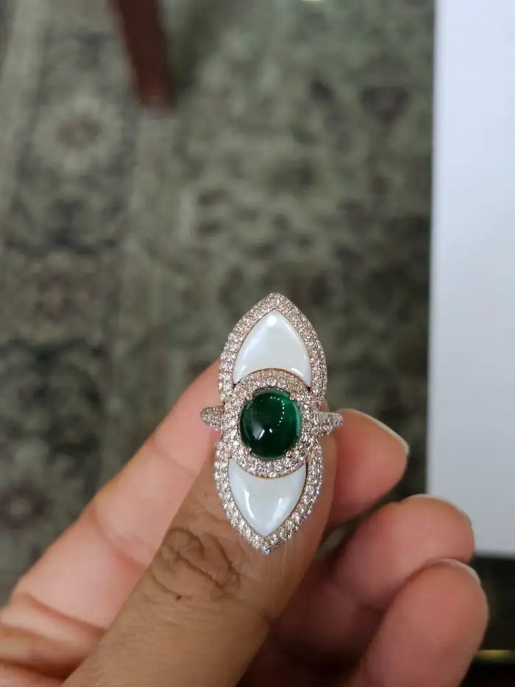 Natural Zambian Emerald & Mother Of Pearl Ring - 18k Yellow Gold Diamond Statement Ring