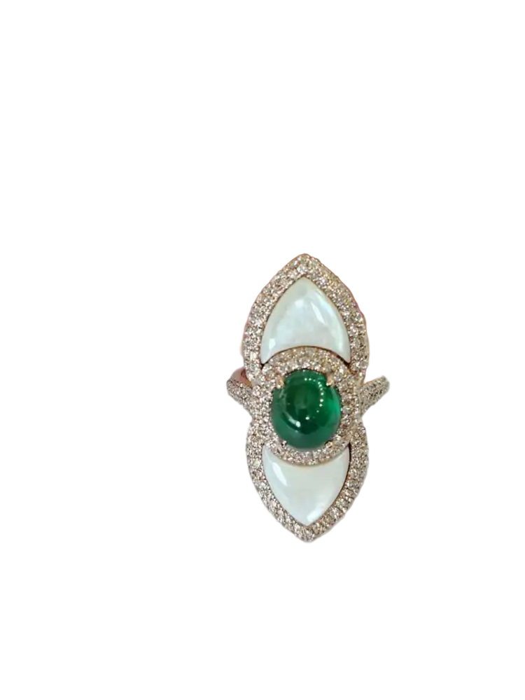 Natural Zambian Emerald & Mother Of Pearl Ring - 18k Yellow Gold Diamond Statement Ring