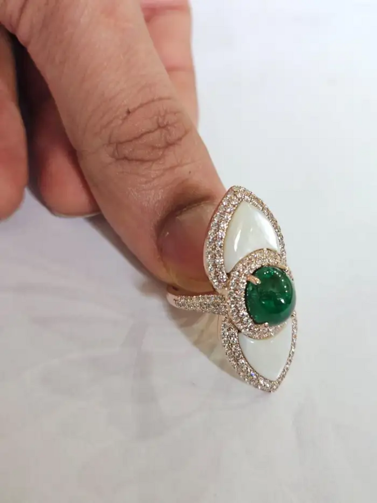 Natural Zambian Emerald & Mother Of Pearl Ring - 18k Yellow Gold Diamond Statement Ring