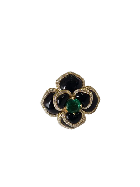 18k Yellow Gold Diamond Cocktail Ring - Natural Zambian Emerald Floral Ring