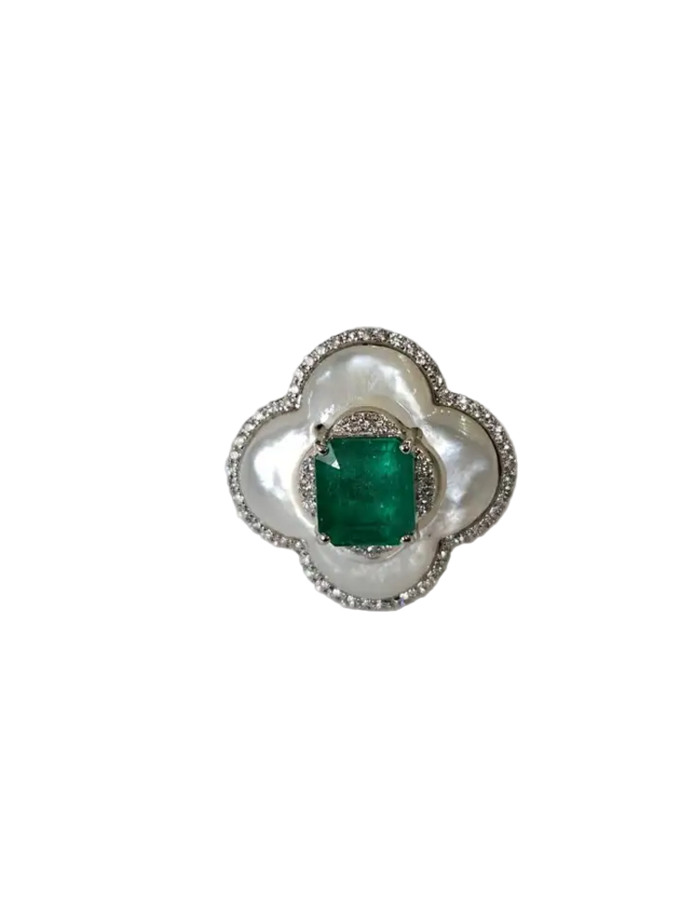 Natural Zambian Emerald Gold Ring - 18k White Gold Diamond & Mother Of Pearl Wedding Ring