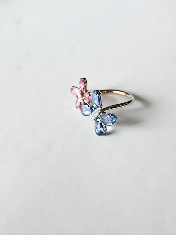 18k Gold Diamond Engagement Ring - Natural Ceylon Pink & Blue Sapphire Stackable Ring