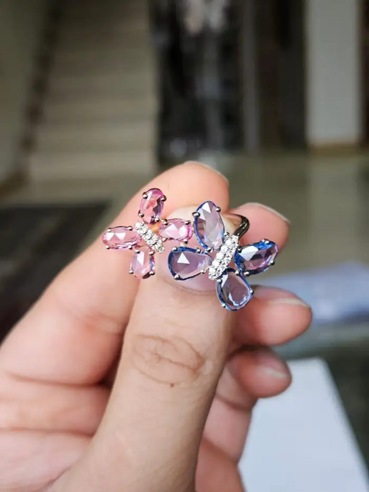 18k Gold Diamond Engagement Ring - Natural Ceylon Pink & Blue Sapphire Stackable Ring