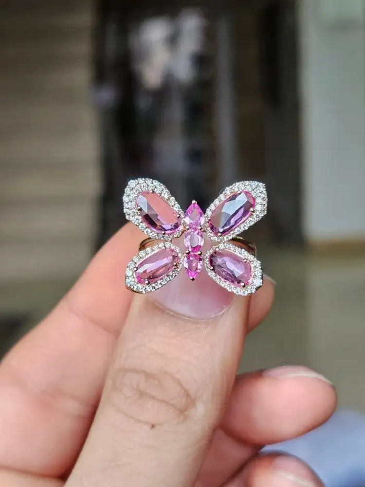 18k Rose Gold Butterfly Ring - Ceylon Pink Sapphire & Diamond Engagement Ring