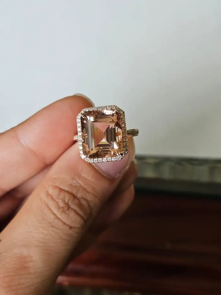 Natural Morganite Wedding Ring - 18k Rose Gold Diamond Cocktail Ring