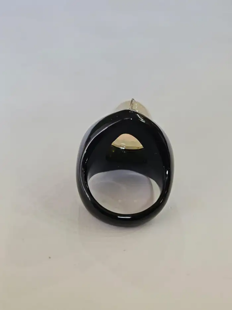 18k White Gold Diamond Ring - Natural Black Onyx & Ethiopian Opal Art Deco Style Ring