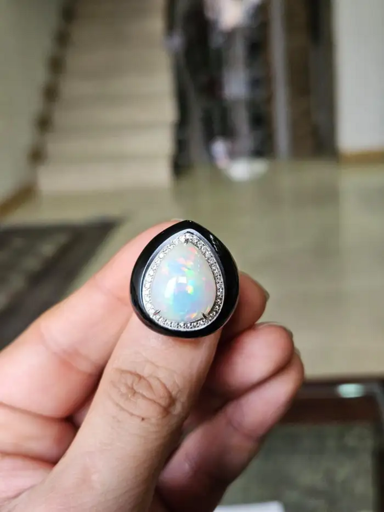 18k White Gold Diamond Ring - Natural Black Onyx & Ethiopian Opal Art Deco Style Ring