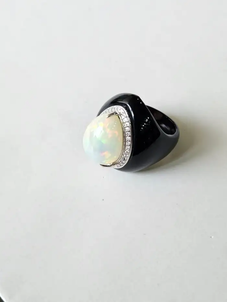 18k White Gold Diamond Ring - Natural Black Onyx & Ethiopian Opal Art Deco Style Ring