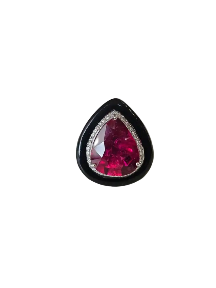 18k White Gold Diamond Cocktail Ring - Natural Rubellite & Black Onyx Ring