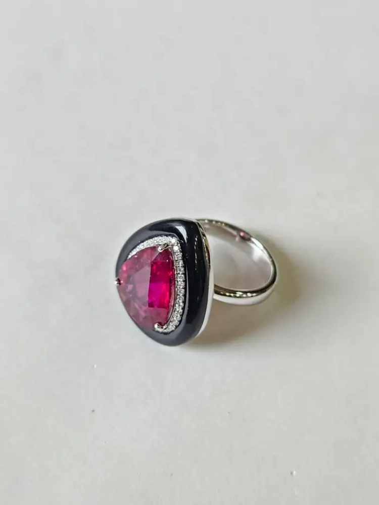 18k White Gold Diamond Cocktail Ring - Natural Rubellite & Black Onyx Ring