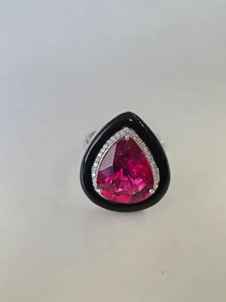 18k White Gold Diamond Cocktail Ring - Natural Rubellite & Black Onyx Ring