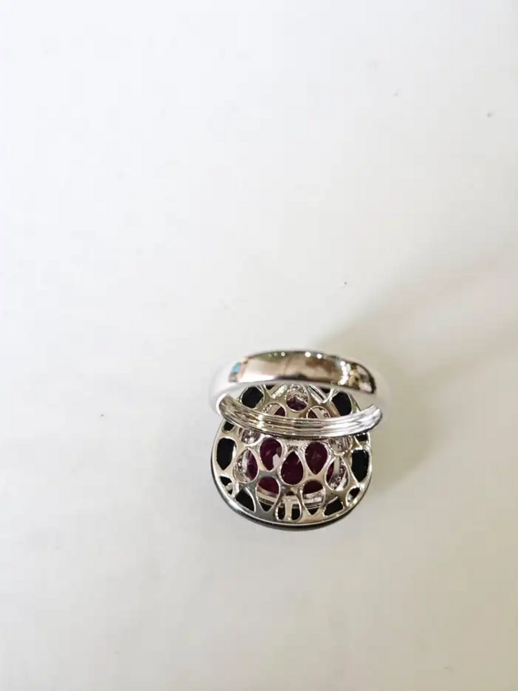 18k White Gold Diamond Cocktail Ring - Natural Rubellite & Black Onyx Ring