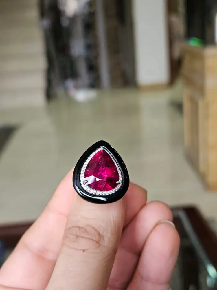 18k White Gold Diamond Cocktail Ring - Natural Rubellite & Black Onyx Ring