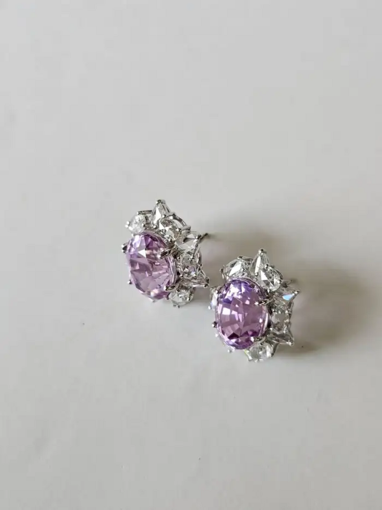 11.26 Ct. Kunzite Stud Earrings - 18k White Gold Rose Cut Diamond Earrings