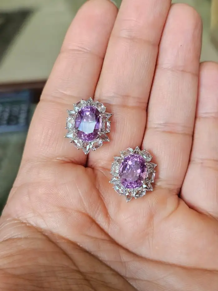 11.26 Ct. Kunzite Stud Earrings - 18k White Gold Rose Cut Diamond Earrings