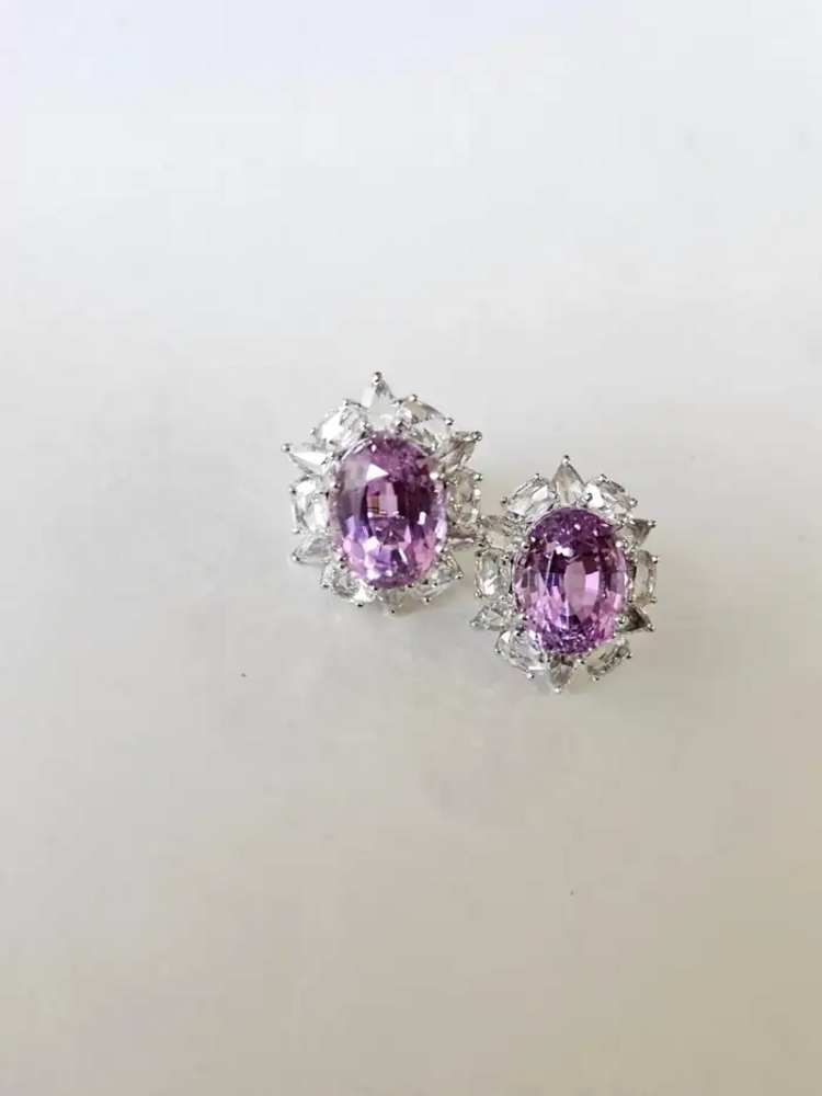 11.26 Ct. Kunzite Stud Earrings - 18k White Gold Rose Cut Diamond Earrings