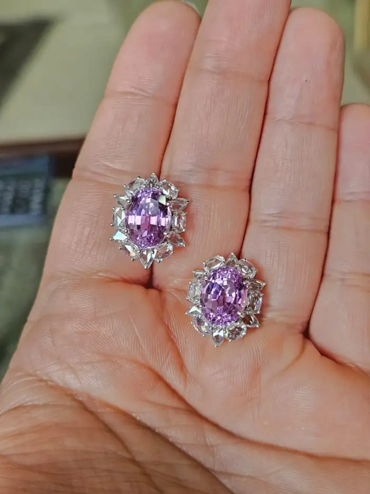 11.26 Ct. Kunzite Stud Earrings - 18k White Gold Rose Cut Diamond Earrings