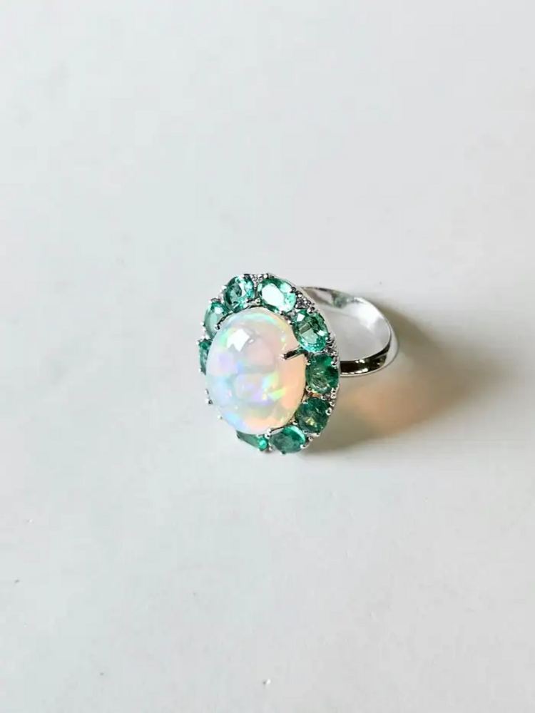 18k White Gold Diamond Ring - Natural Ethiopian Opal & Zambian Emerald Cocktail Ring