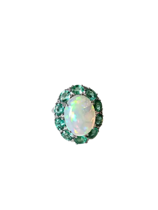 18k White Gold Diamond Ring - Natural Ethiopian Opal & Zambian Emerald Cocktail Ring