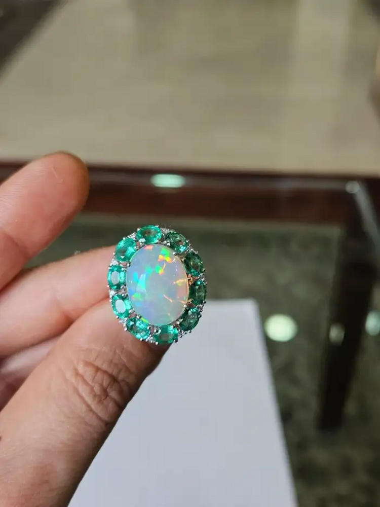 18k White Gold Diamond Ring - Natural Ethiopian Opal & Zambian Emerald Cocktail Ring
