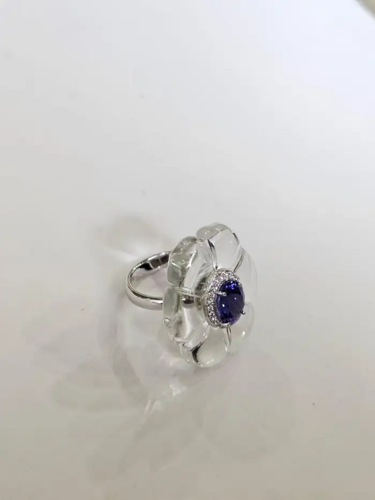 18k White Gold Diamond Cocktail Ring - Natural Tanzanite & Crystal Ring