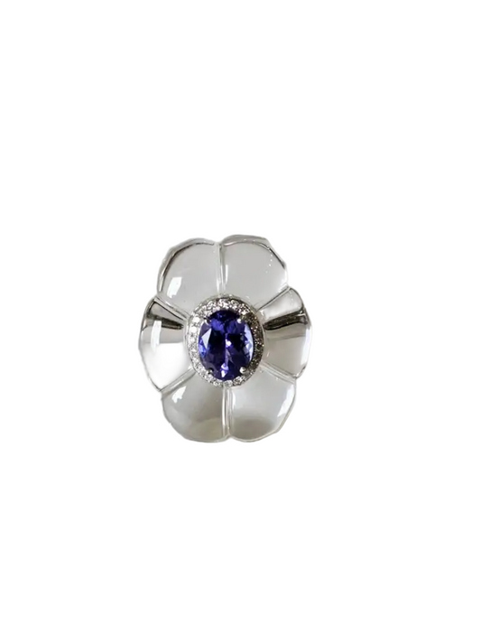 18k White Gold Diamond Cocktail Ring - Natural Tanzanite & Crystal Ring