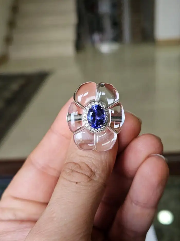18k White Gold Diamond Cocktail Ring - Natural Tanzanite & Crystal Ring