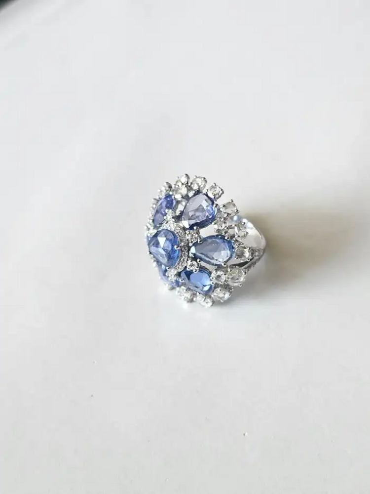 Natural Blue Sapphire & Rose Cut Diamonds Cocktail Ring - Handmade 18k White Gold Ring