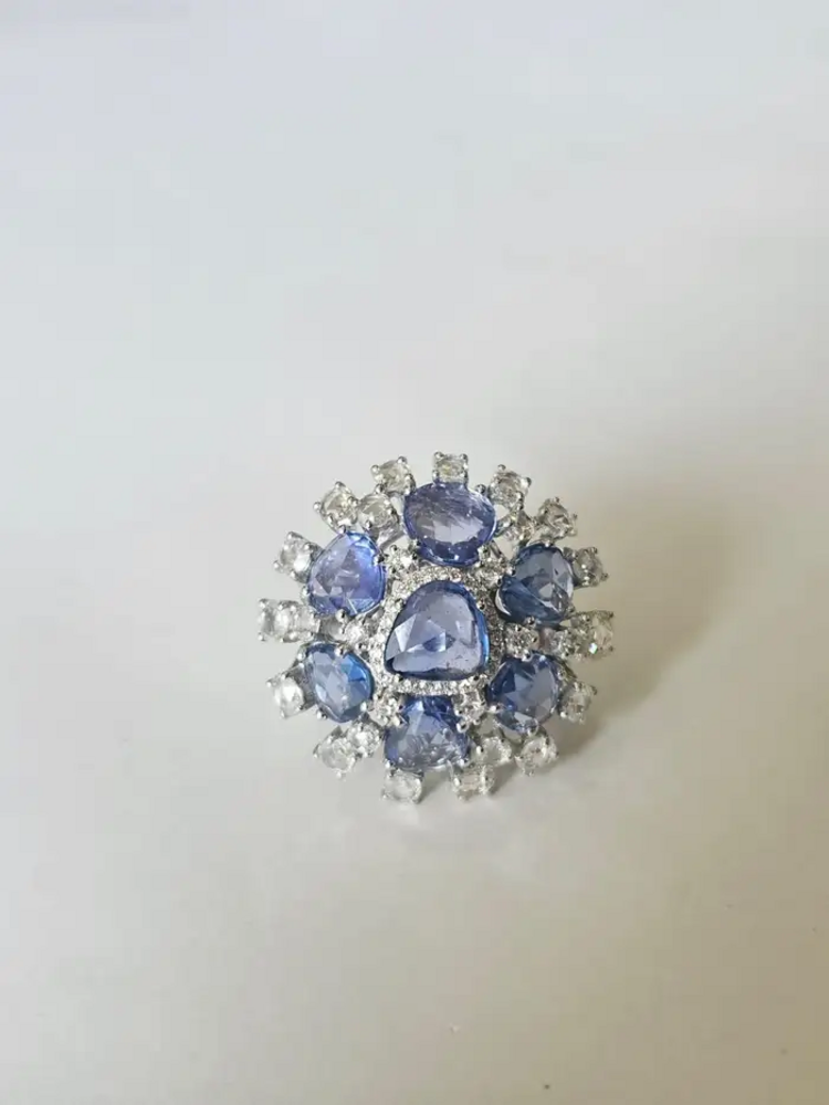Natural Blue Sapphire & Rose Cut Diamonds Cocktail Ring - Handmade 18k White Gold Ring