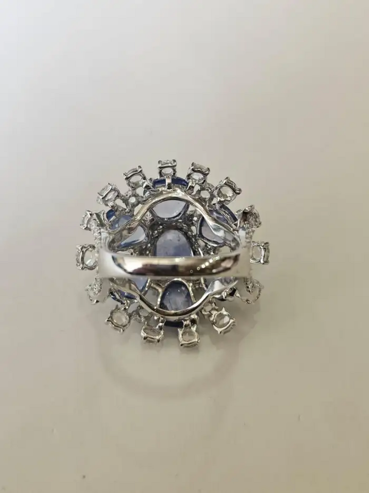 Natural Blue Sapphire & Rose Cut Diamonds Cocktail Ring - Handmade 18k White Gold Ring