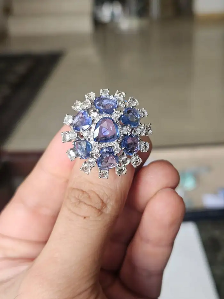 Natural Blue Sapphire & Rose Cut Diamonds Cocktail Ring - Handmade 18k White Gold Ring