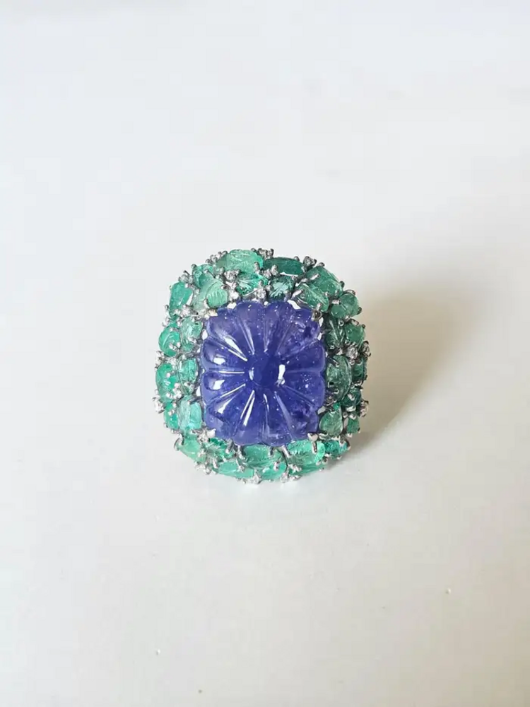 18k White Gold Diamond Statement Ring - Natural Tanzanite & Zambian Emerald Cocktail Ring