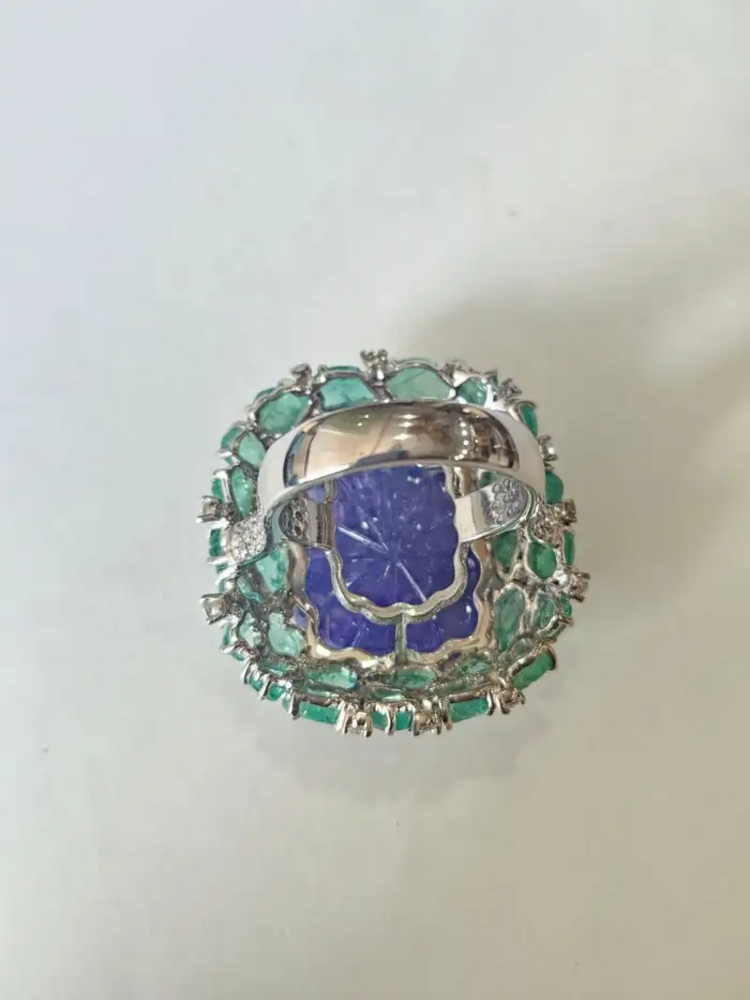 18k White Gold Diamond Statement Ring - Natural Tanzanite & Zambian Emerald Cocktail Ring
