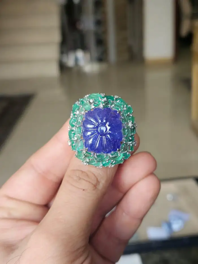 18k White Gold Diamond Statement Ring - Natural Tanzanite & Zambian Emerald Cocktail Ring