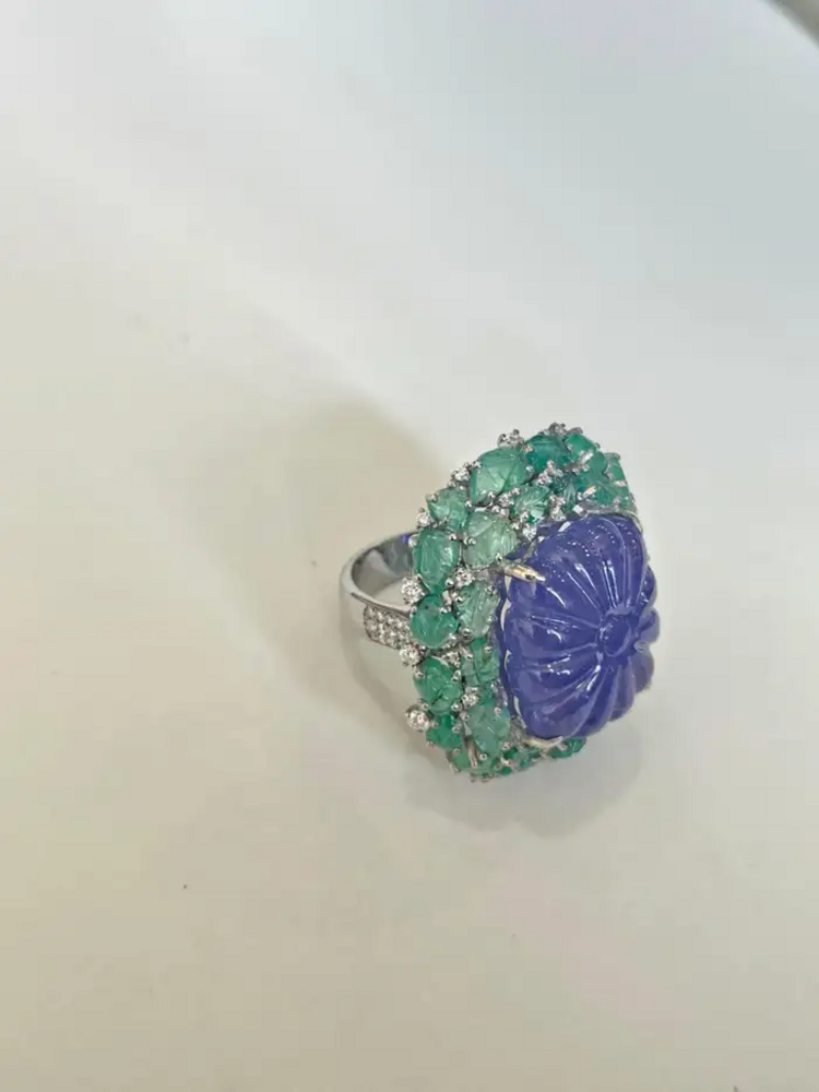 18k White Gold Diamond Statement Ring - Natural Tanzanite & Zambian Emerald Cocktail Ring