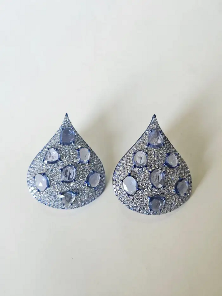 18k White Gold Diamond Earrings With Blue Rhodium - Natural Blue Sapphire Gemstone Earrings