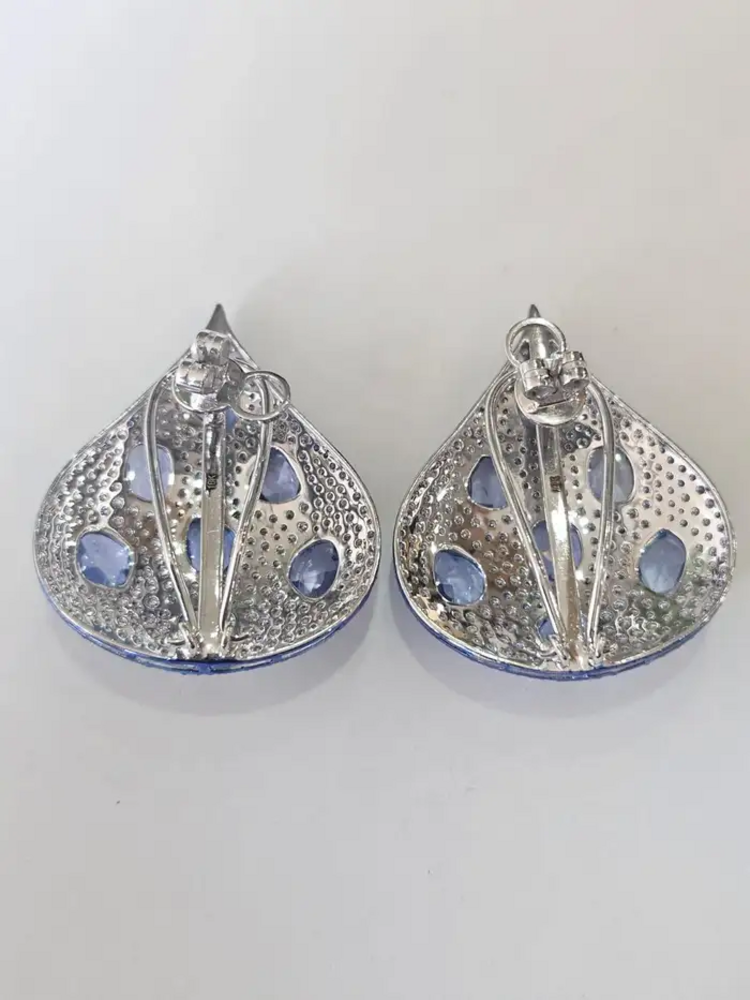 18k White Gold Diamond Earrings With Blue Rhodium - Natural Blue Sapphire Gemstone Earrings