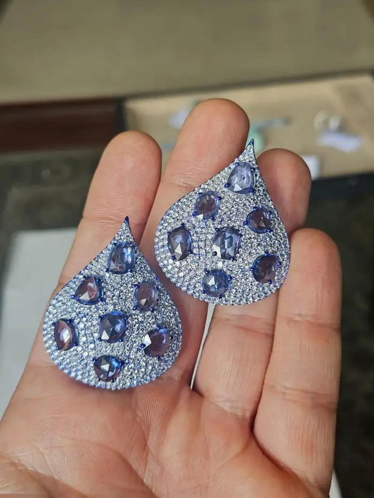 18k White Gold Diamond Earrings With Blue Rhodium - Natural Blue Sapphire Gemstone Earrings