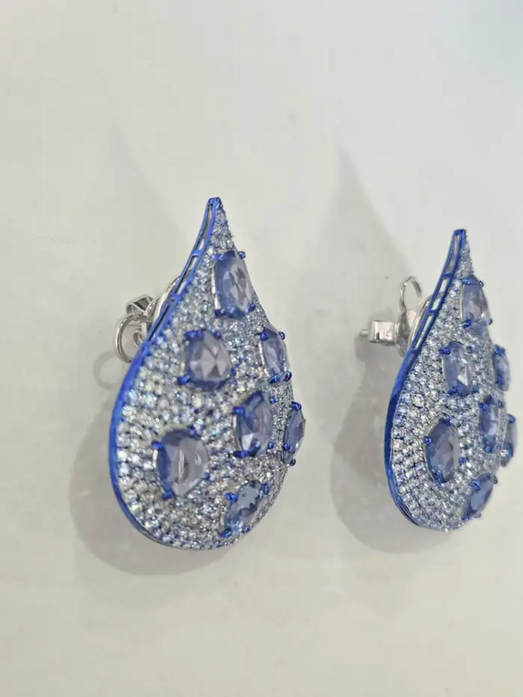 18k White Gold Diamond Earrings With Blue Rhodium - Natural Blue Sapphire Gemstone Earrings