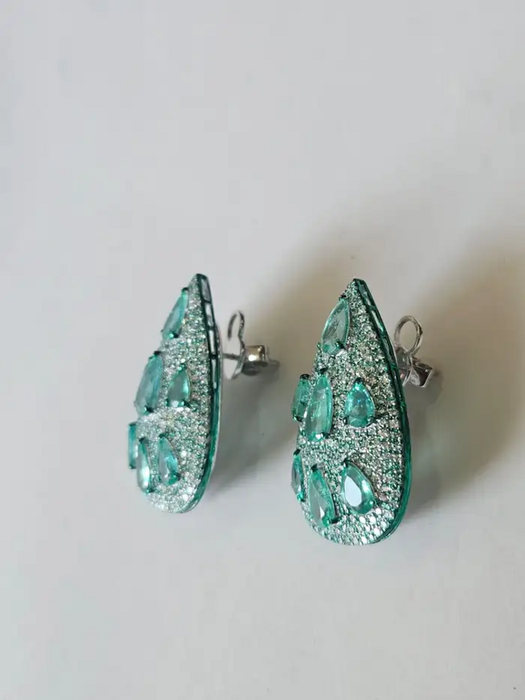 Natural Zambian Emerald & Diamond Pear Shape Earrings - 18k White Gold Earrings With Green Rhodium