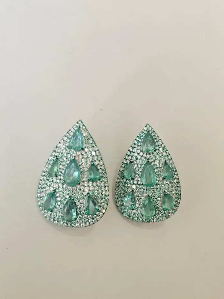Natural Zambian Emerald & Diamond Pear Shape Earrings - 18k White Gold Earrings With Green Rhodium