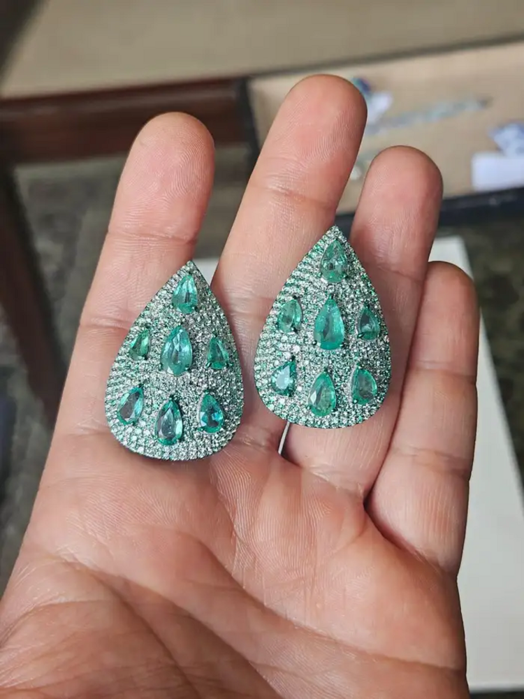 Natural Zambian Emerald & Diamond Pear Shape Earrings - 18k White Gold Earrings With Green Rhodium