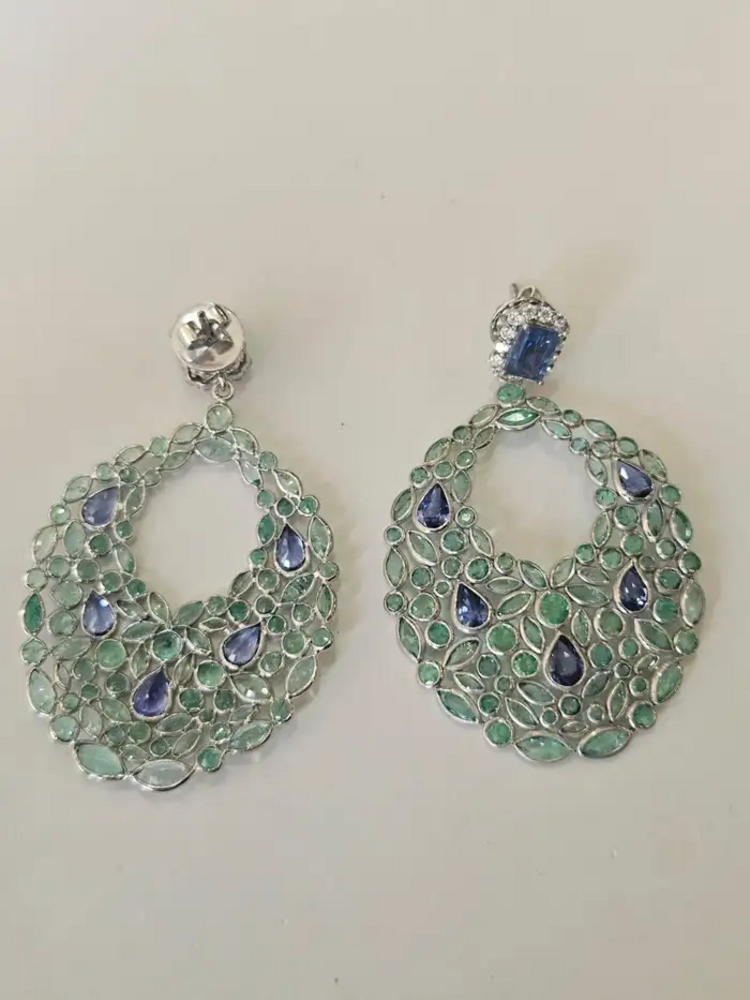 18k White Gold Diamond Art Deco Style Earrings - Natural Blue Sapphire & Zambian Emerald Dangle Earrings