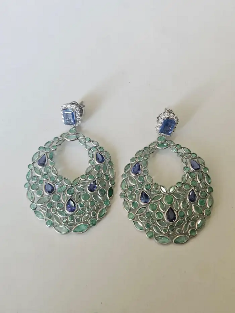 18k White Gold Diamond Art Deco Style Earrings - Natural Blue Sapphire & Zambian Emerald Dangle Earrings