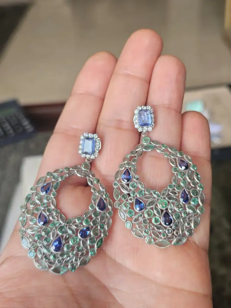 18k White Gold Diamond Art Deco Style Earrings - Natural Blue Sapphire & Zambian Emerald Dangle Earrings