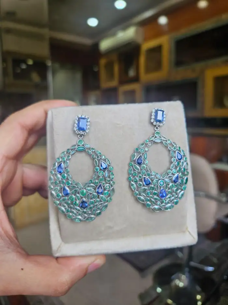 18k White Gold Diamond Art Deco Style Earrings - Natural Blue Sapphire & Zambian Emerald Dangle Earrings