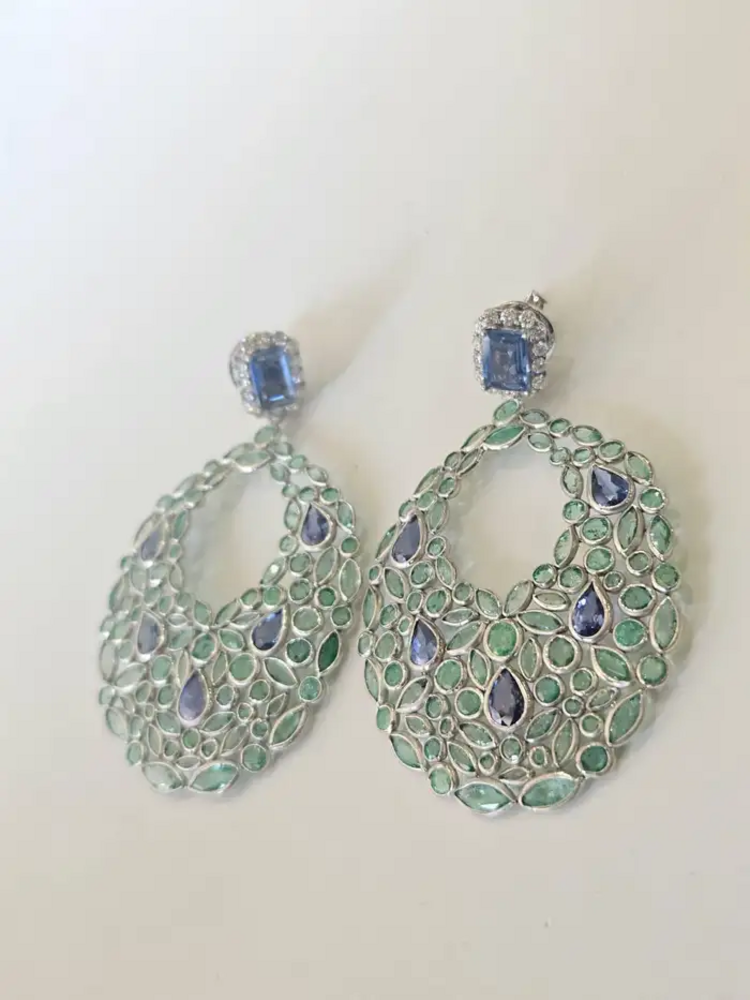 18k White Gold Diamond Art Deco Style Earrings - Natural Blue Sapphire & Zambian Emerald Dangle Earrings