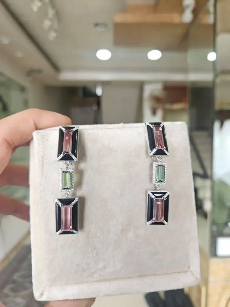 18k White Gold Diamond Dangle Earrings - Natural Tourmaline & Black Onyx Dangle Earrings