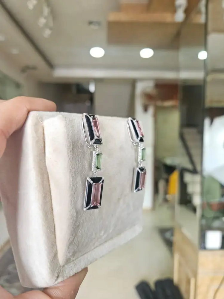 18k White Gold Diamond Dangle Earrings - Natural Tourmaline & Black Onyx Dangle Earrings